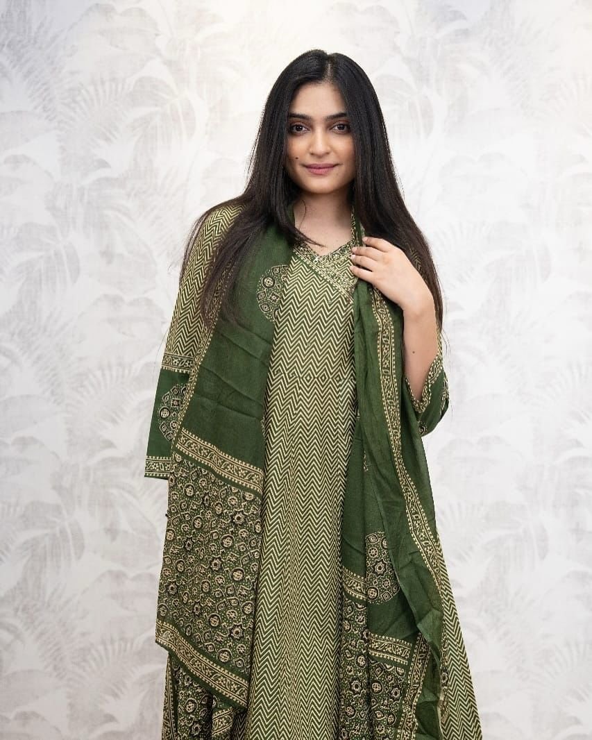 Cotton Printed Angrakha Anarkali Suit Set